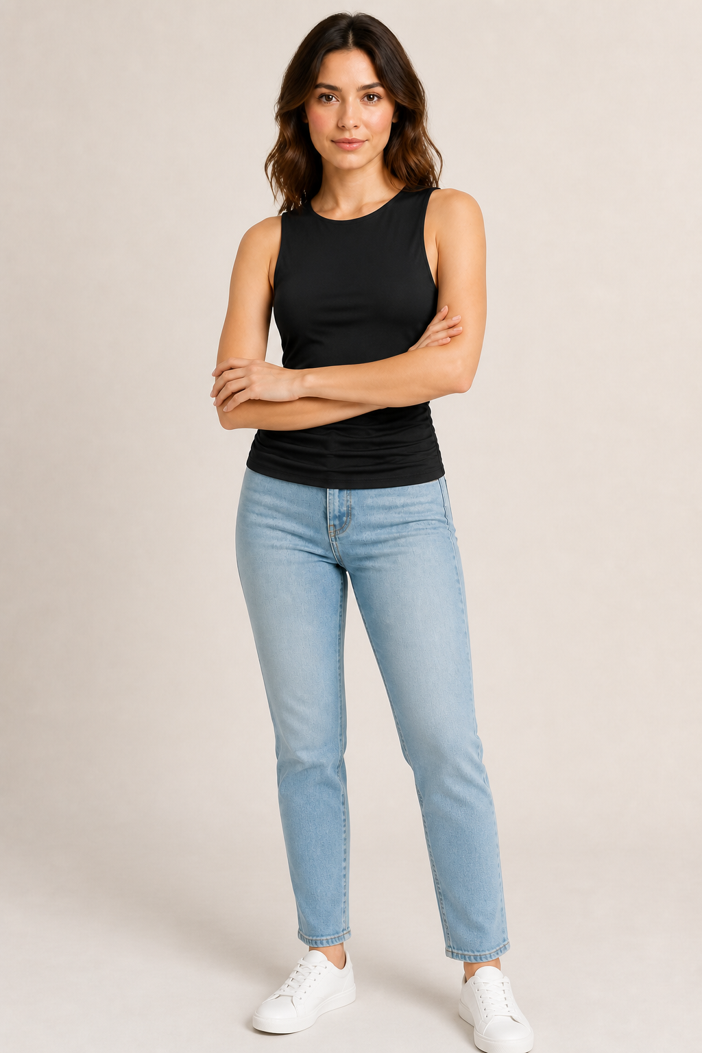Blusa Lulu White sin mangas de sisa cavada con stretch — Negro