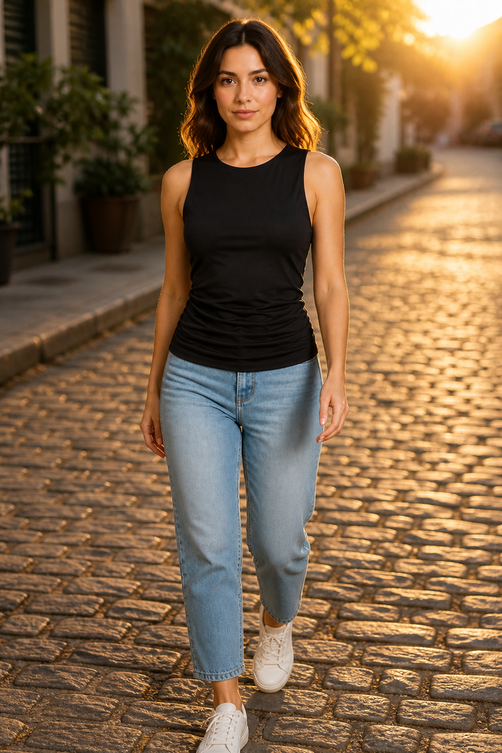 Blusa Lulu White sin mangas de sisa cavada con stretch — Negro