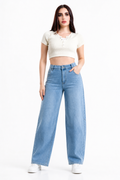 Jeans KOSCH barrel con faja elástica en la cintura — Mezclilla clara