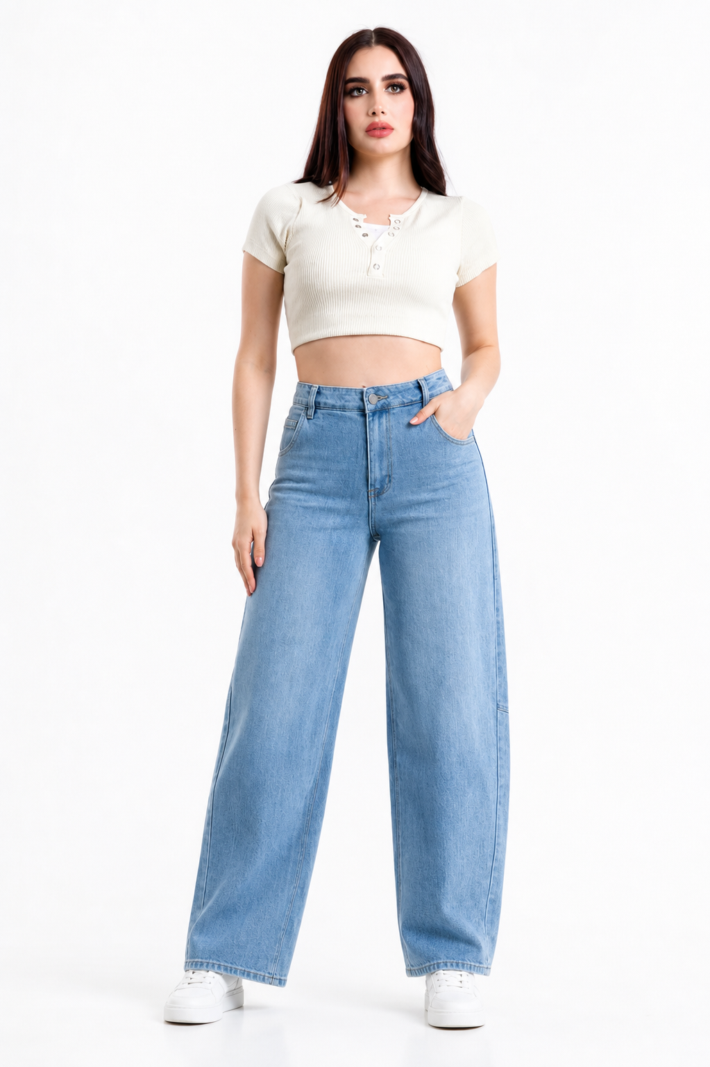 Jeans KOSCH barrel con faja elástica en la cintura — Mezclilla clara