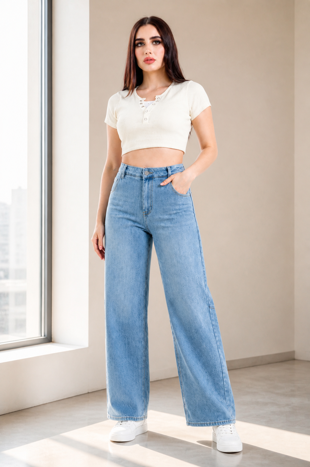Jeans KOSCH barrel con faja elástica en la cintura — Mezclilla clara