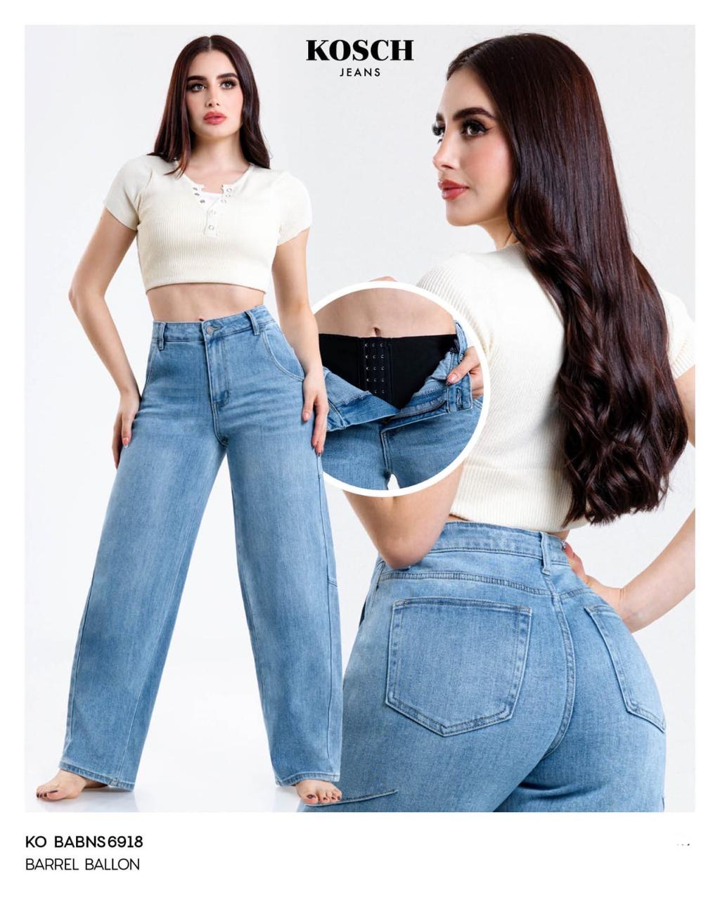 Jeans KOSCH barrel con faja elástica en la cintura — Mezclilla clara