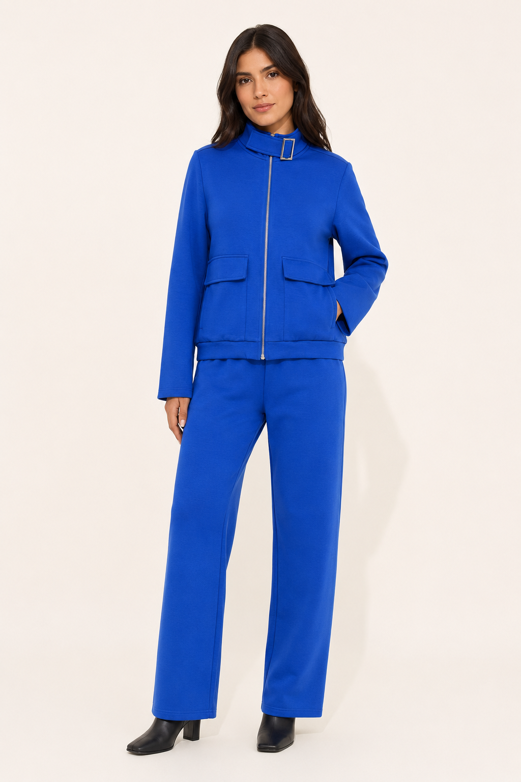 Conjunto Hessed Couture de cierre completo con cuello de hebilla — Azul