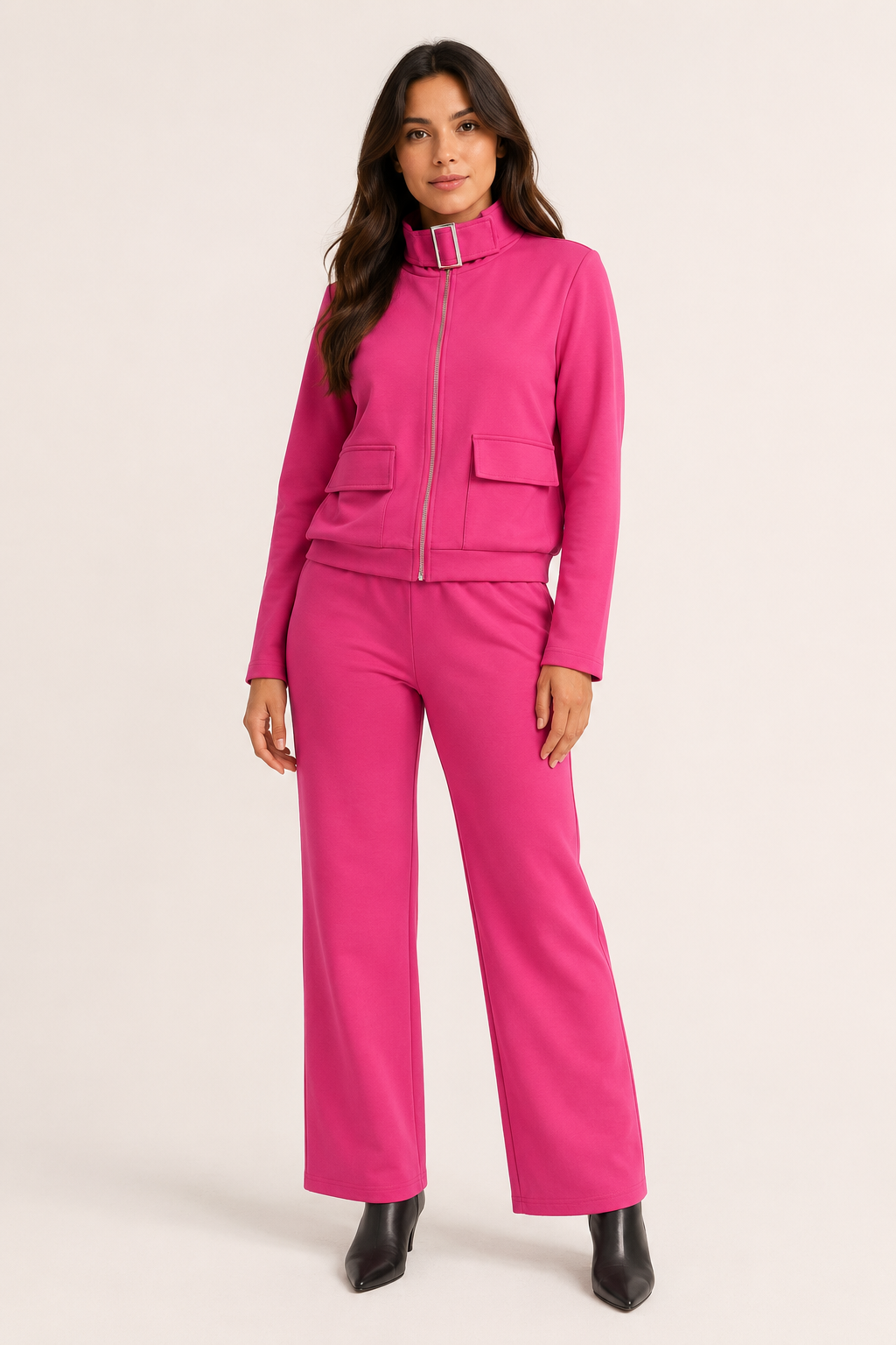 Conjunto Hessed Couture de cierre completo con cuello de hebilla — Fucsia