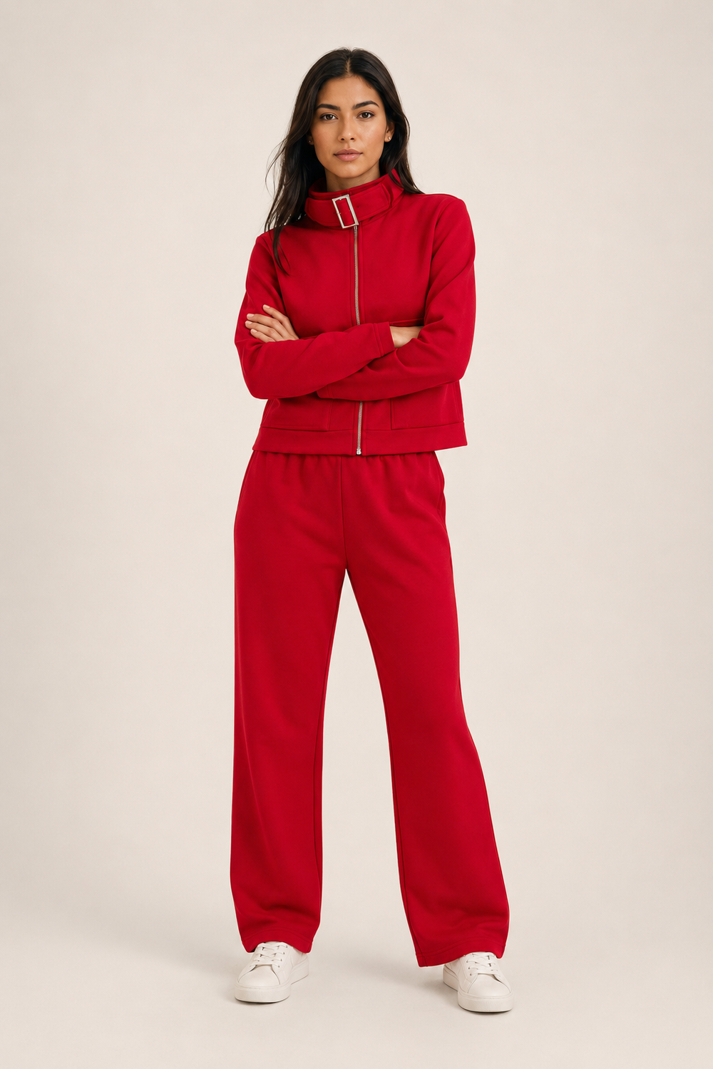 Conjunto Hessed Couture de cierre completo con cuello de hebilla — Rojo