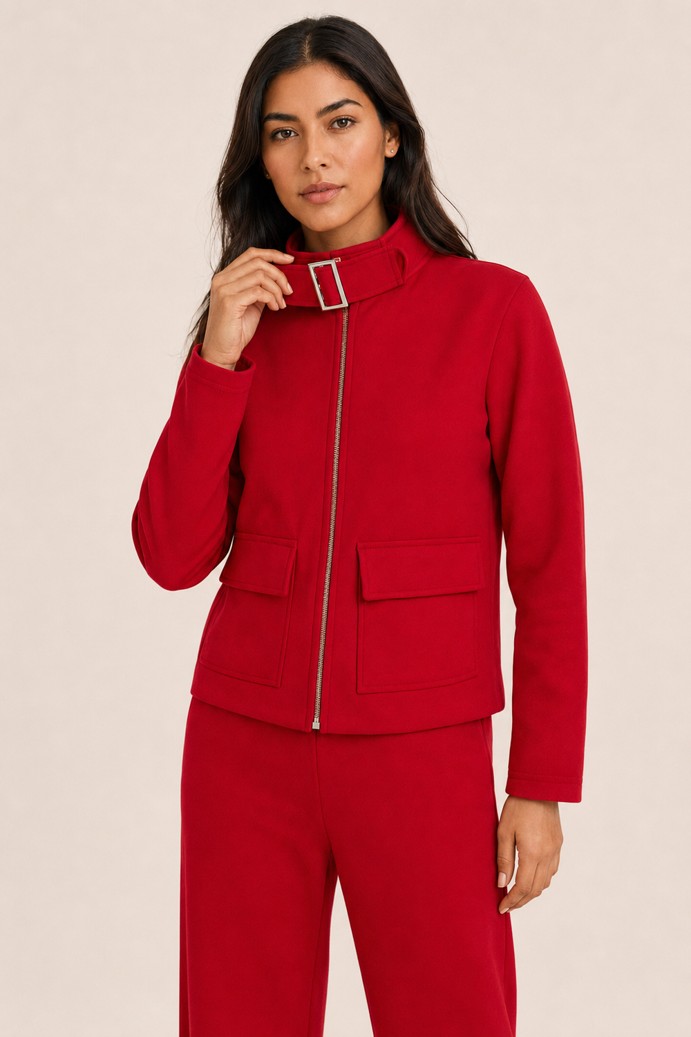 Conjunto Hessed Couture de cierre completo con cuello de hebilla — Rojo