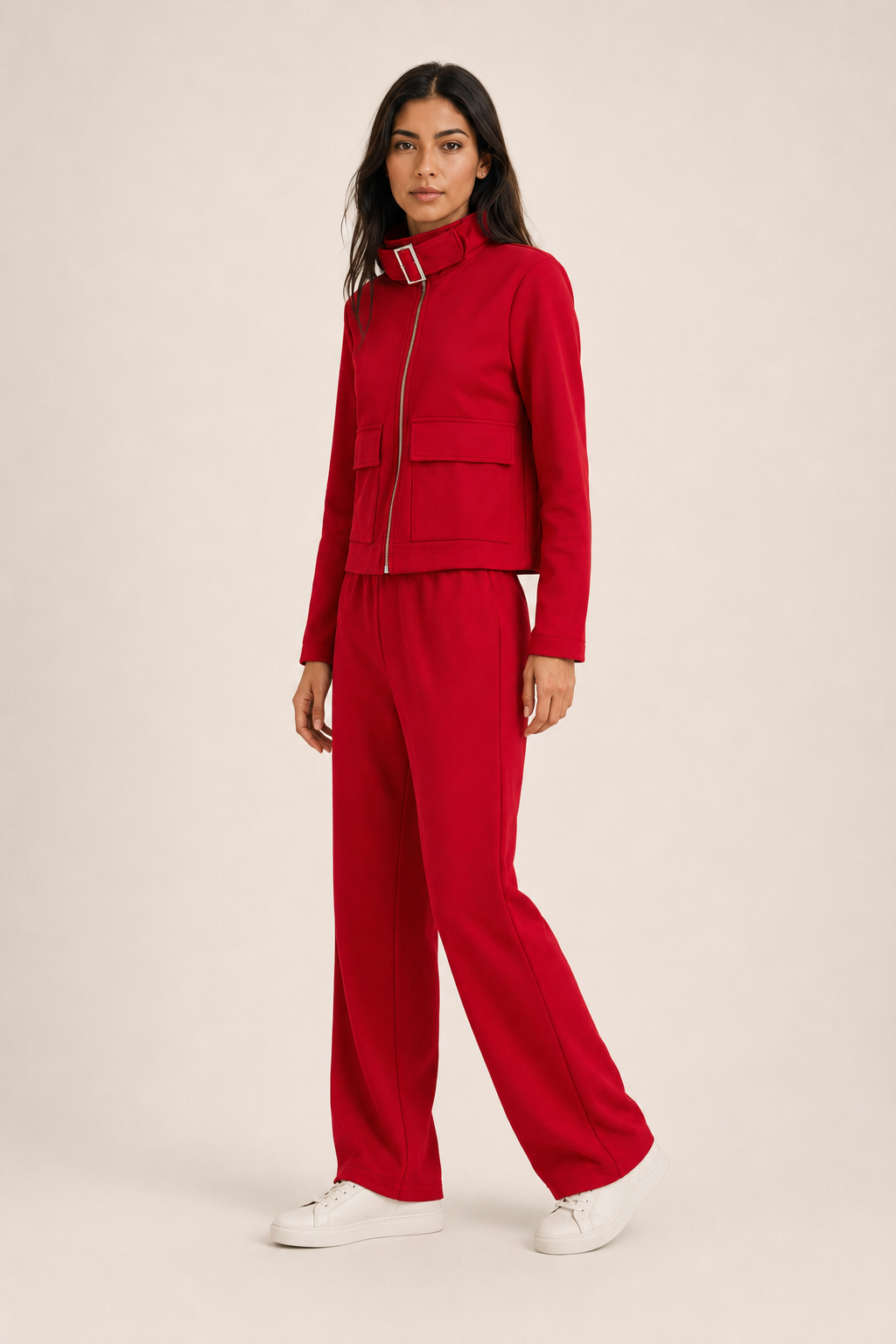 Conjunto Hessed Couture de cierre completo con cuello de hebilla — Rojo