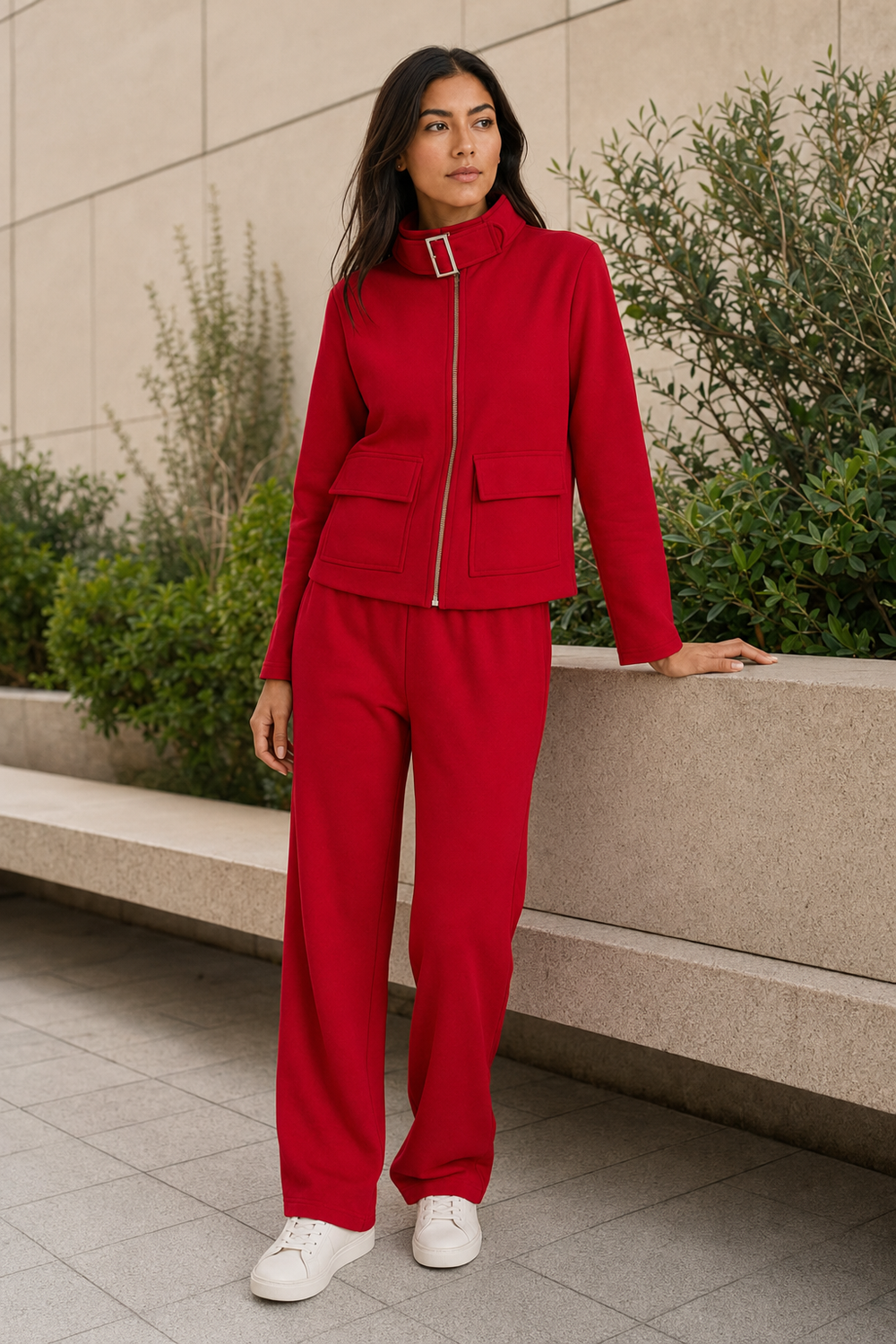 Conjunto Hessed Couture de cierre completo con cuello de hebilla — Rojo