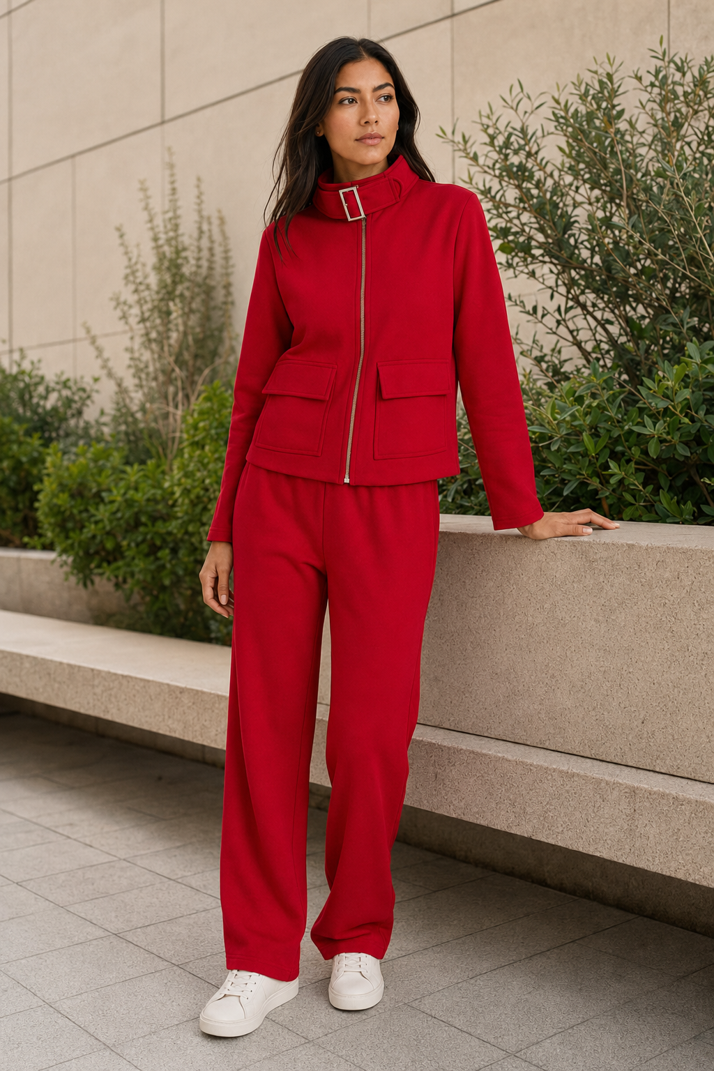 Conjunto Hessed Couture de cierre completo con cuello de hebilla — Rojo