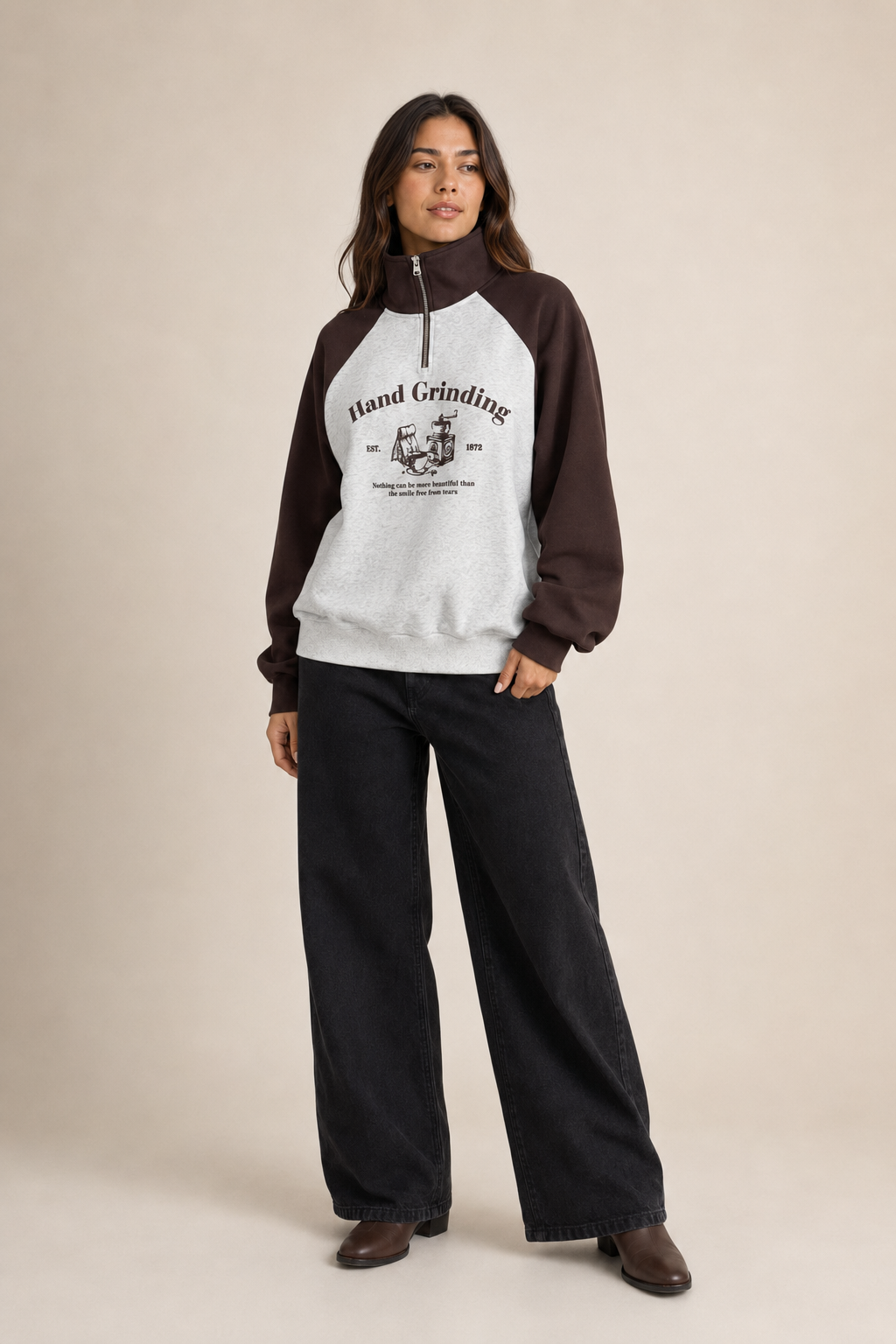 Sudadera Hessed Couture de medio cierre con estampado — Café