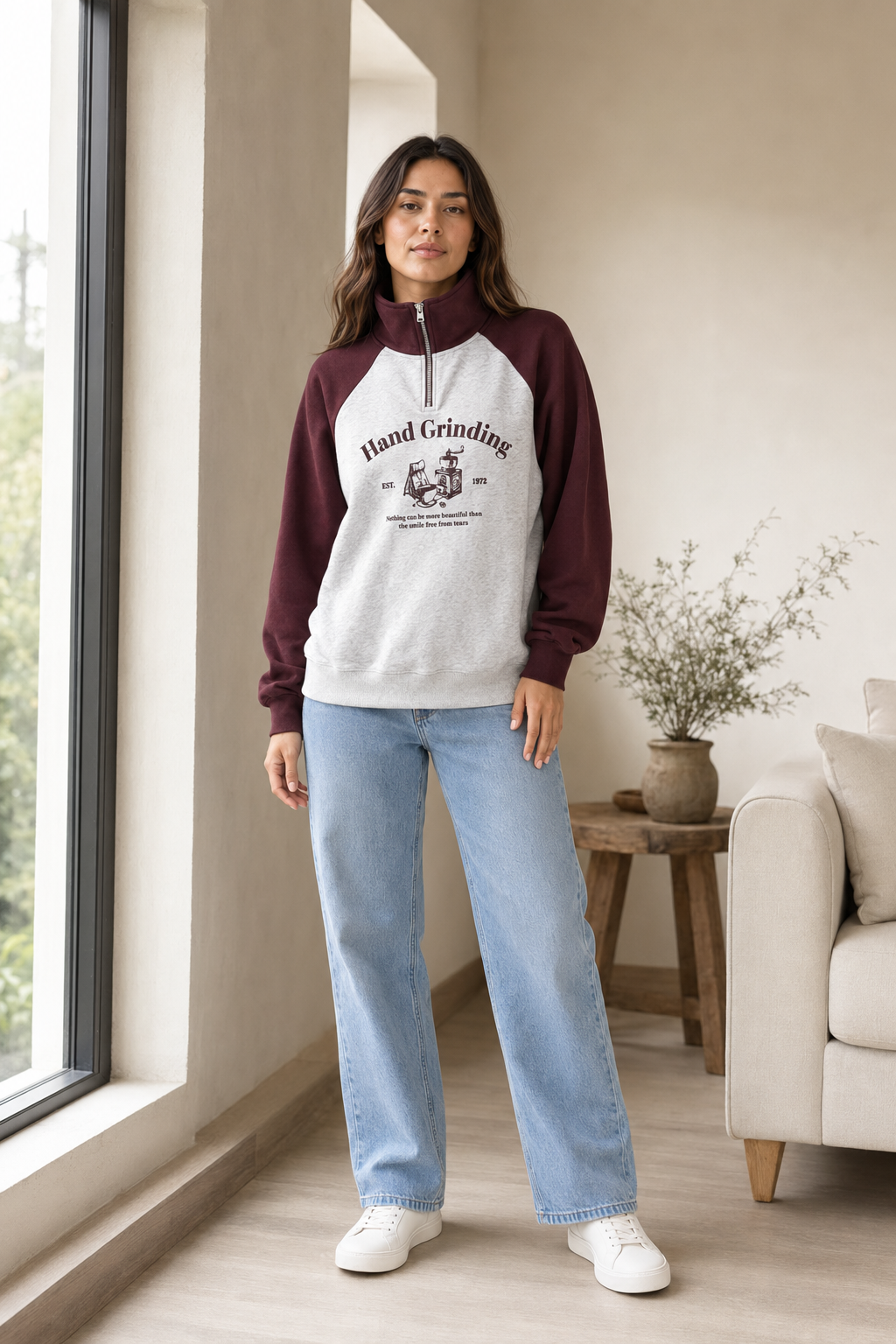 Sudadera Hessed Couture de medio cierre con estampado — Vino