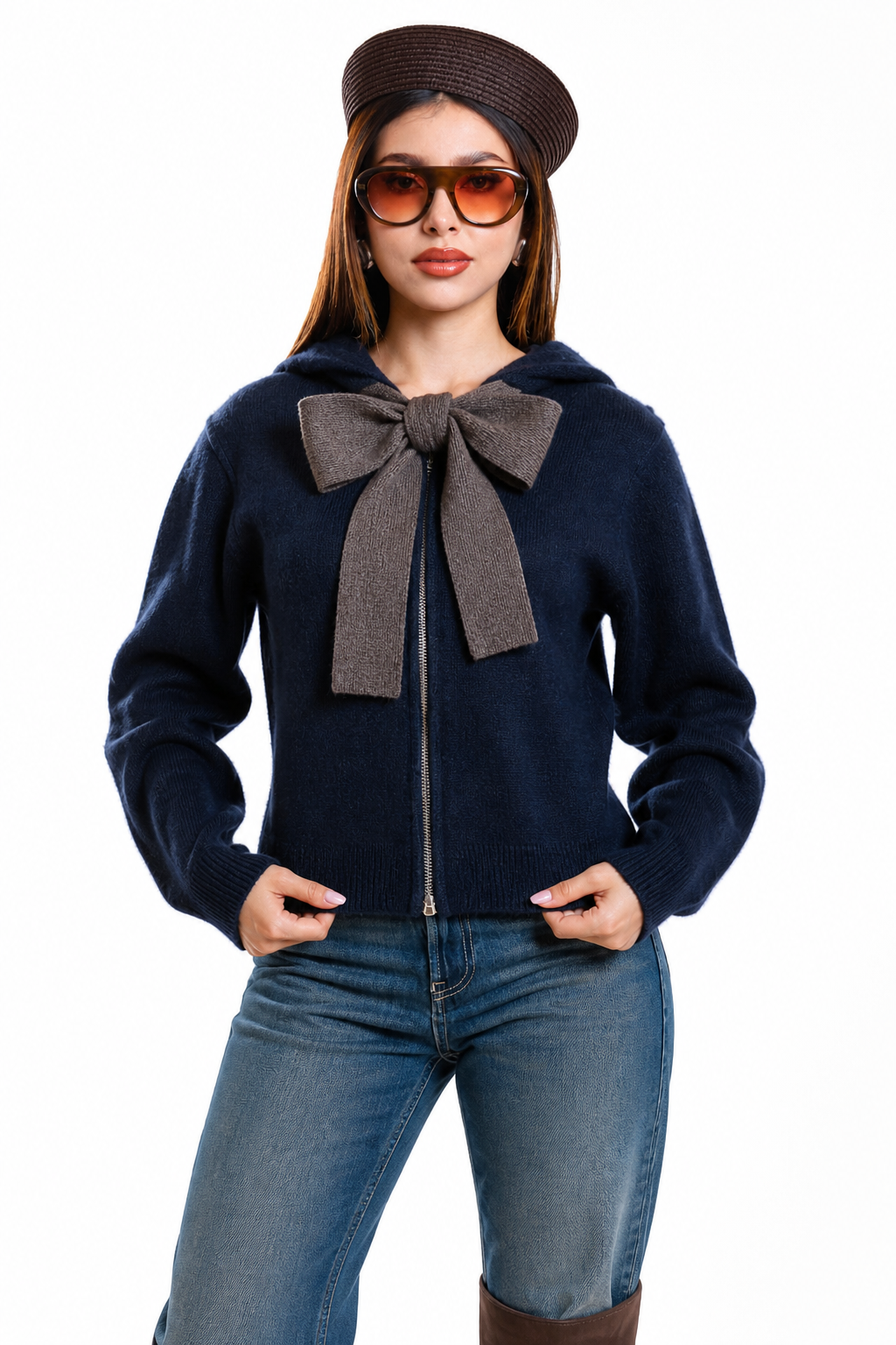 Suéter Hessed Couture con capucha y moño de punto — Marino