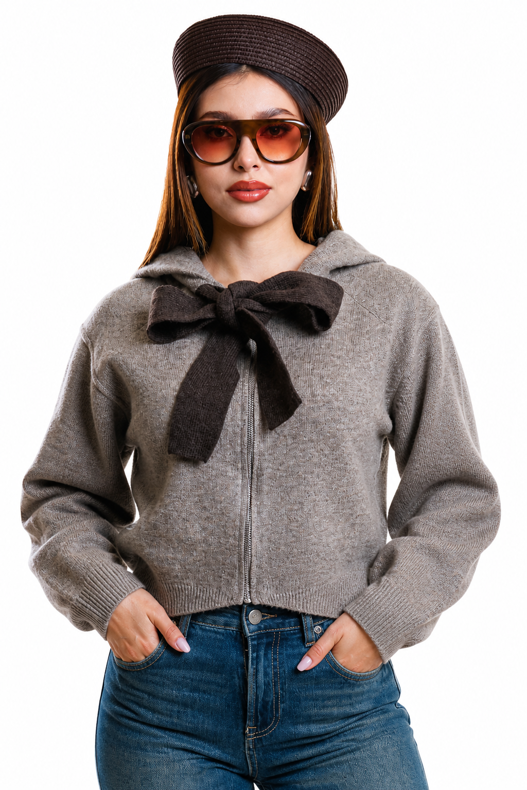Suéter Hessed Couture con capucha y moño de punto — Taupe