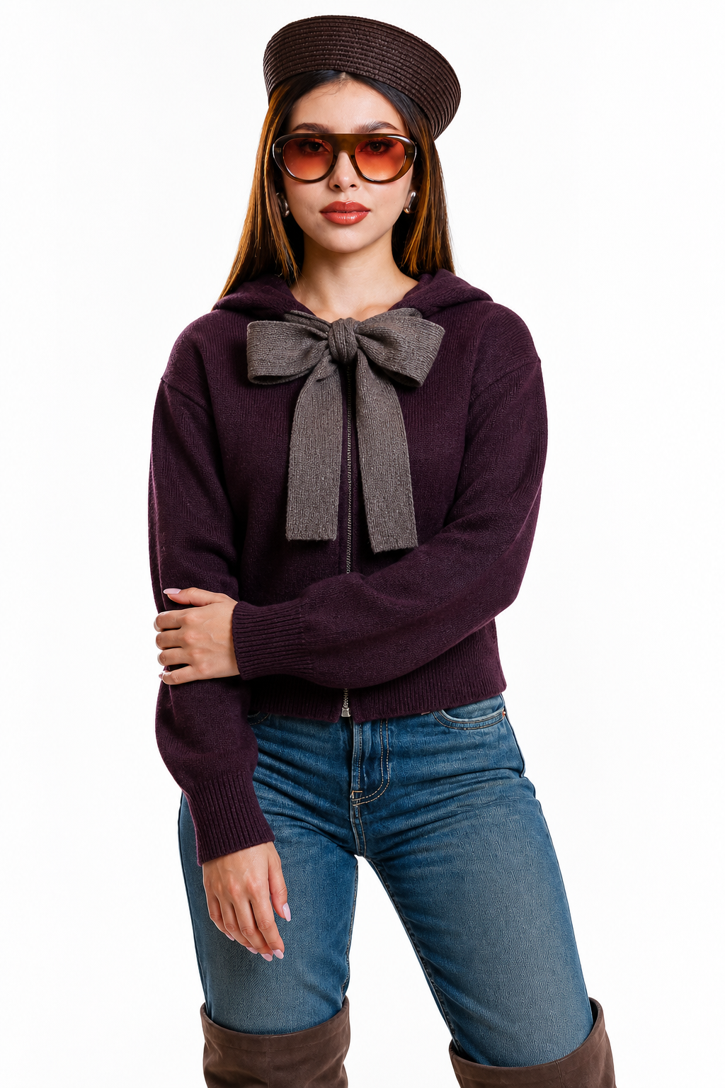 Suéter Hessed Couture con capucha y moño de punto — Vino
