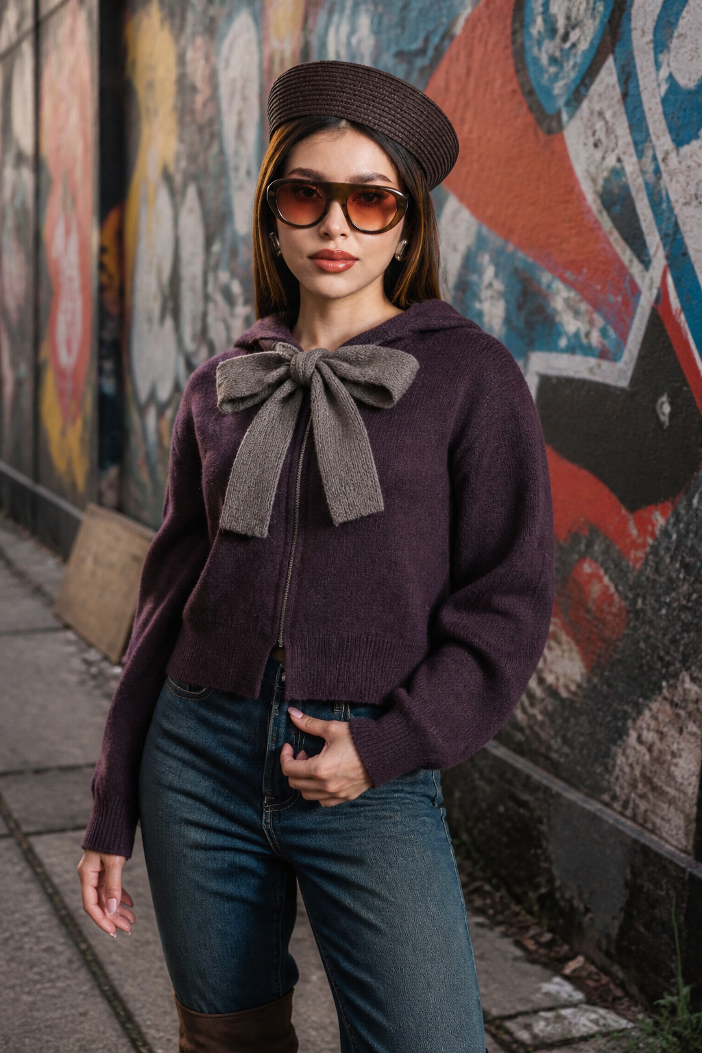 Suéter Hessed Couture con capucha y moño de punto — Vino