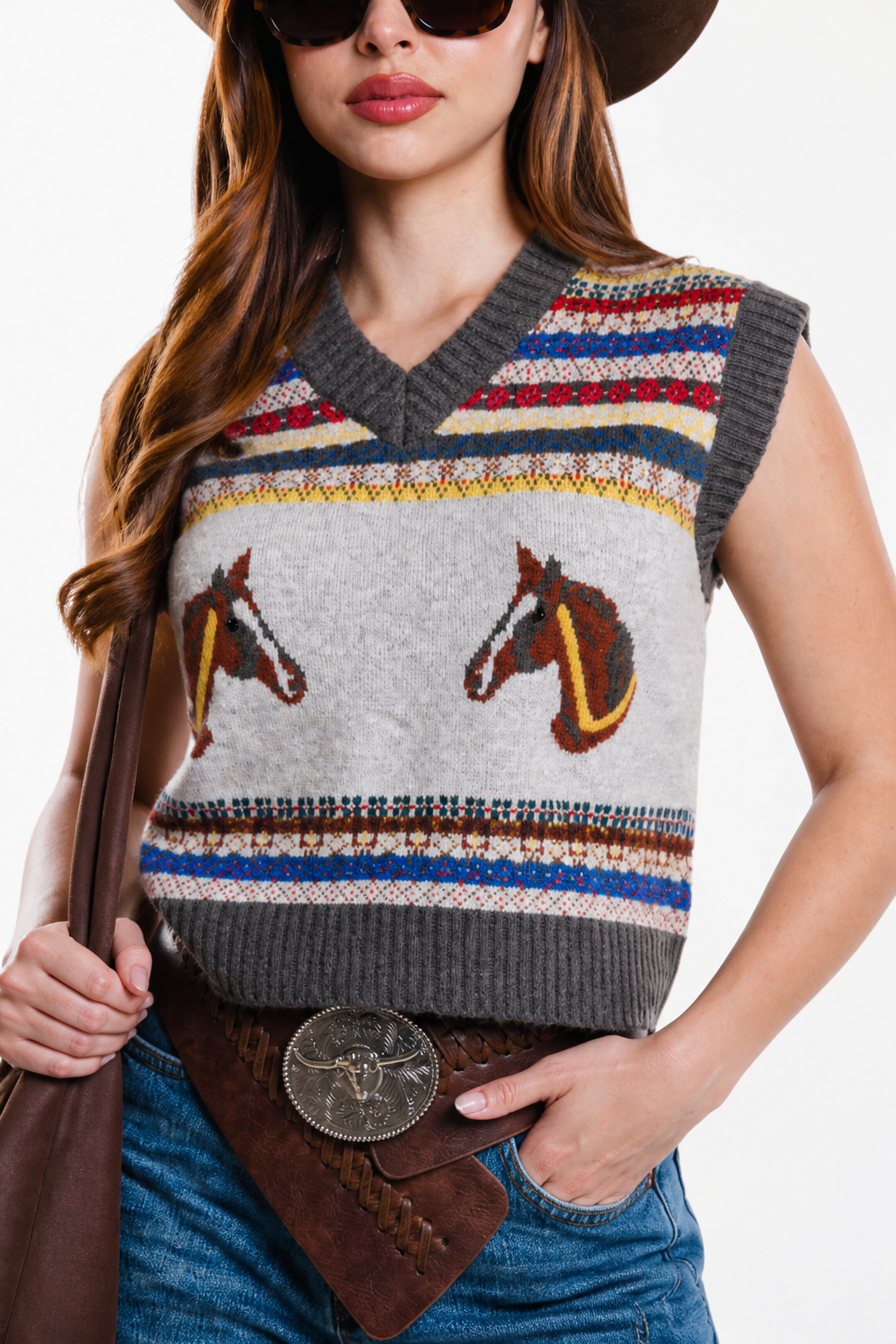 Chaleco Hessed Couture de punto con caballos en jacquard — Café