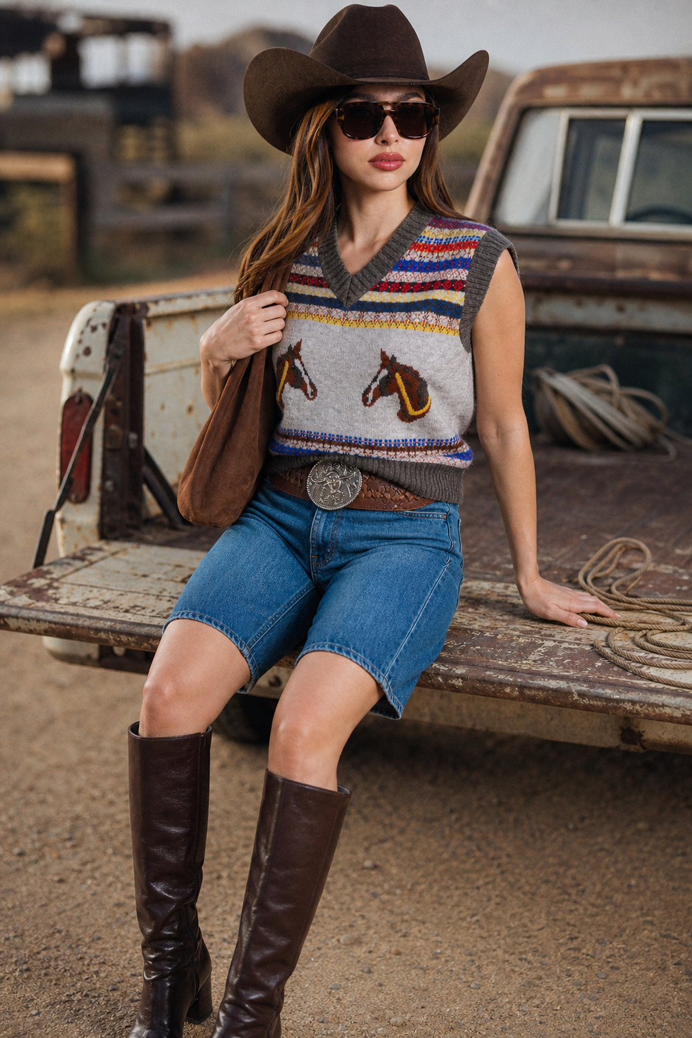 Chaleco Hessed Couture de punto con caballos en jacquard — Café