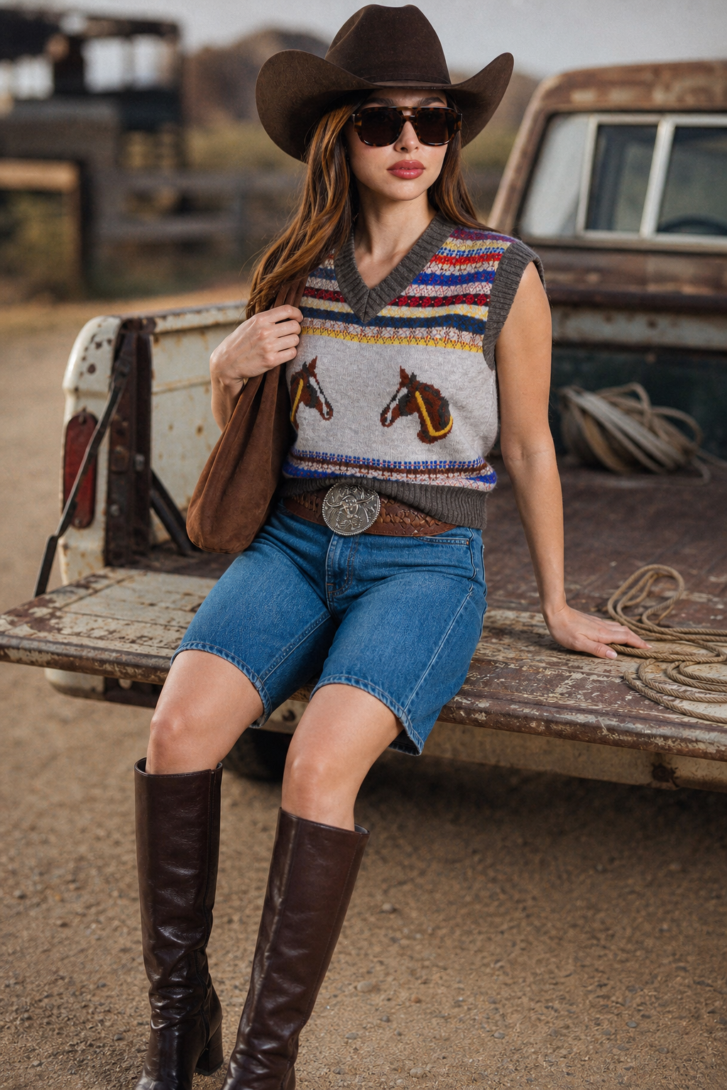 Chaleco Hessed Couture de punto con caballos en jacquard — Café