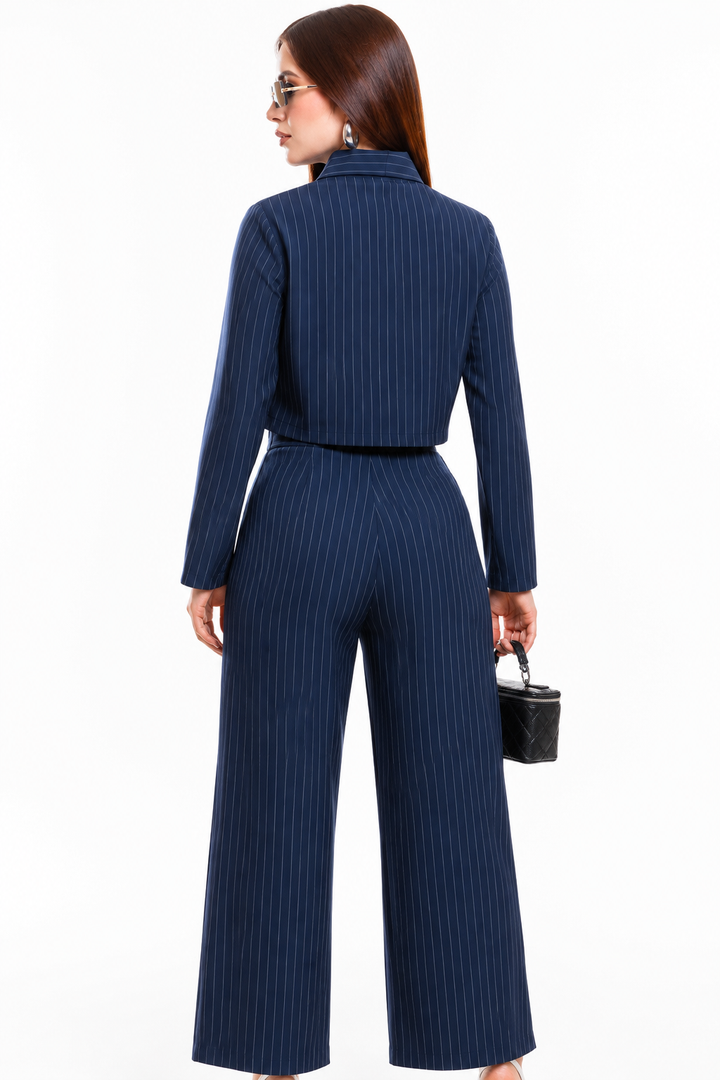 Conjunto Hessed Couture de rayas con corbata — Azul marino