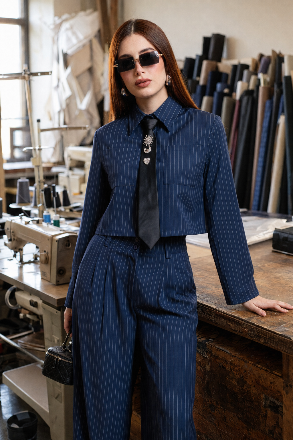 Conjunto Hessed Couture de rayas con corbata — Azul marino