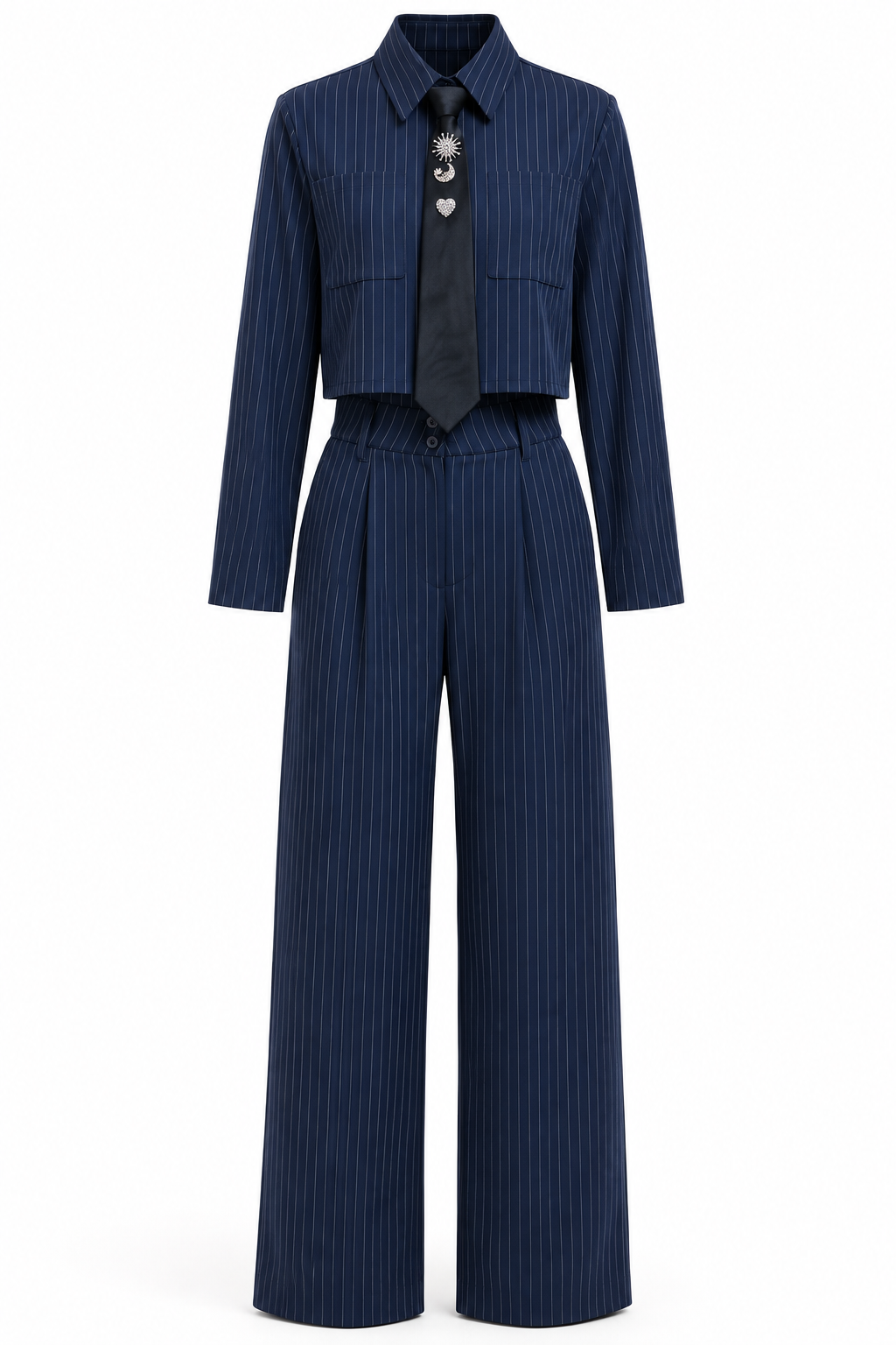 Conjunto Hessed Couture de rayas con corbata — Azul marino