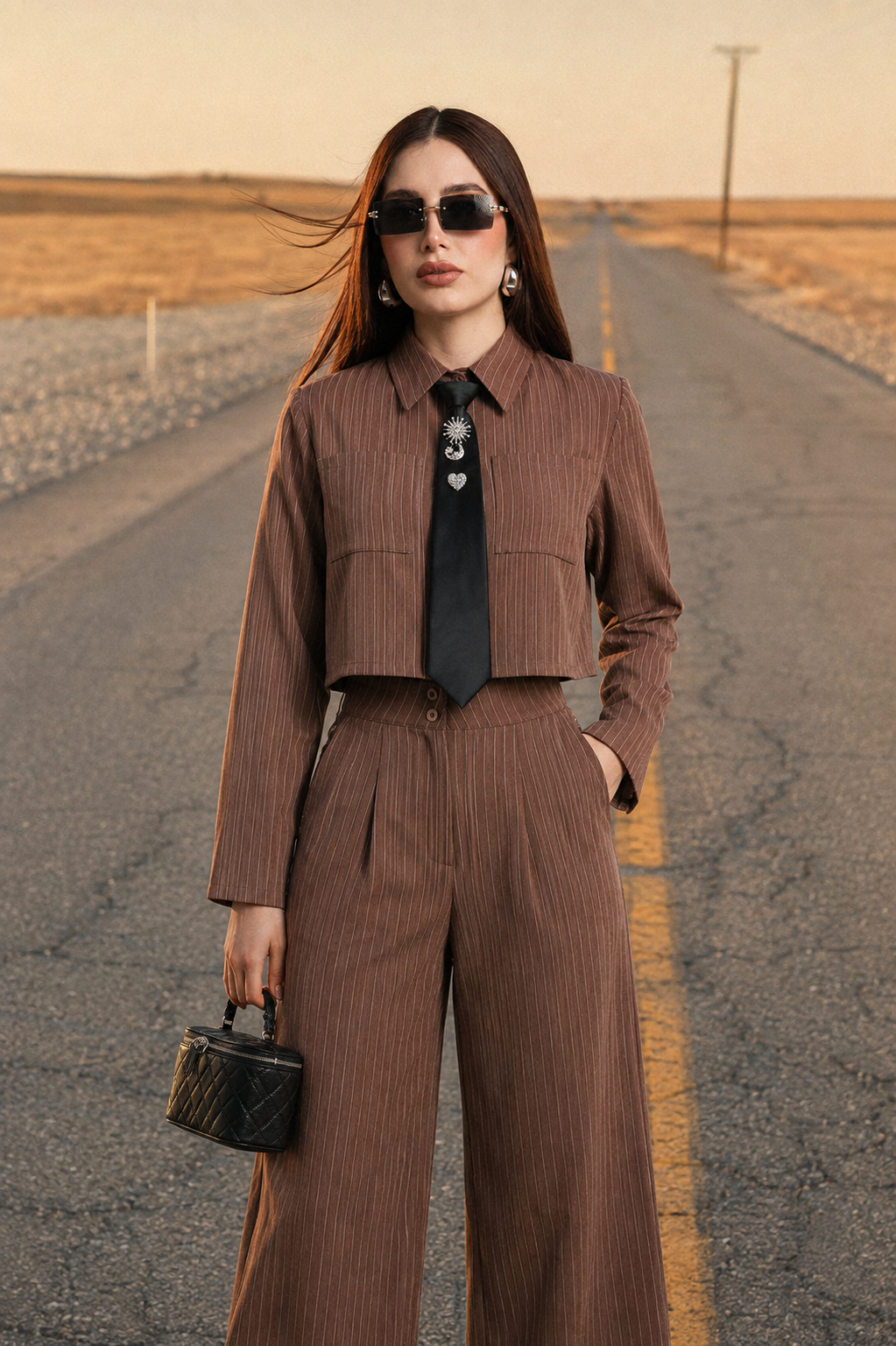 Conjunto Hessed Couture de rayas con corbata — Café