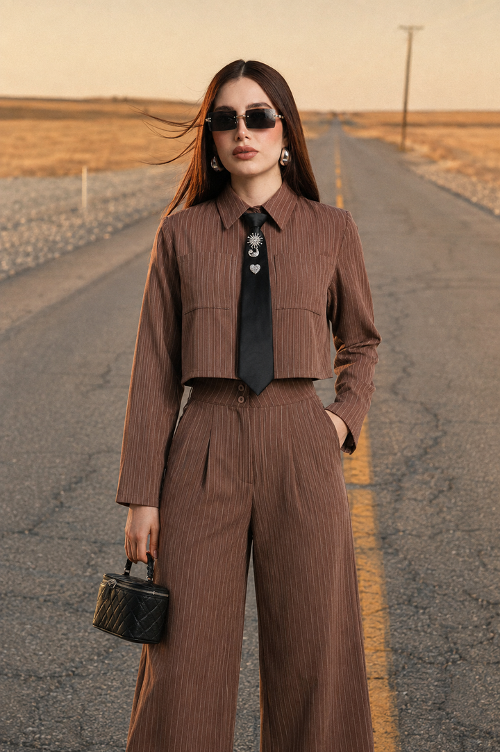 Conjunto Hessed Couture de rayas con corbata — Café