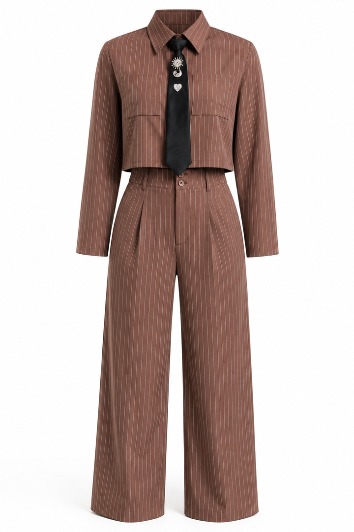 Conjunto Hessed Couture de rayas con corbata — Café