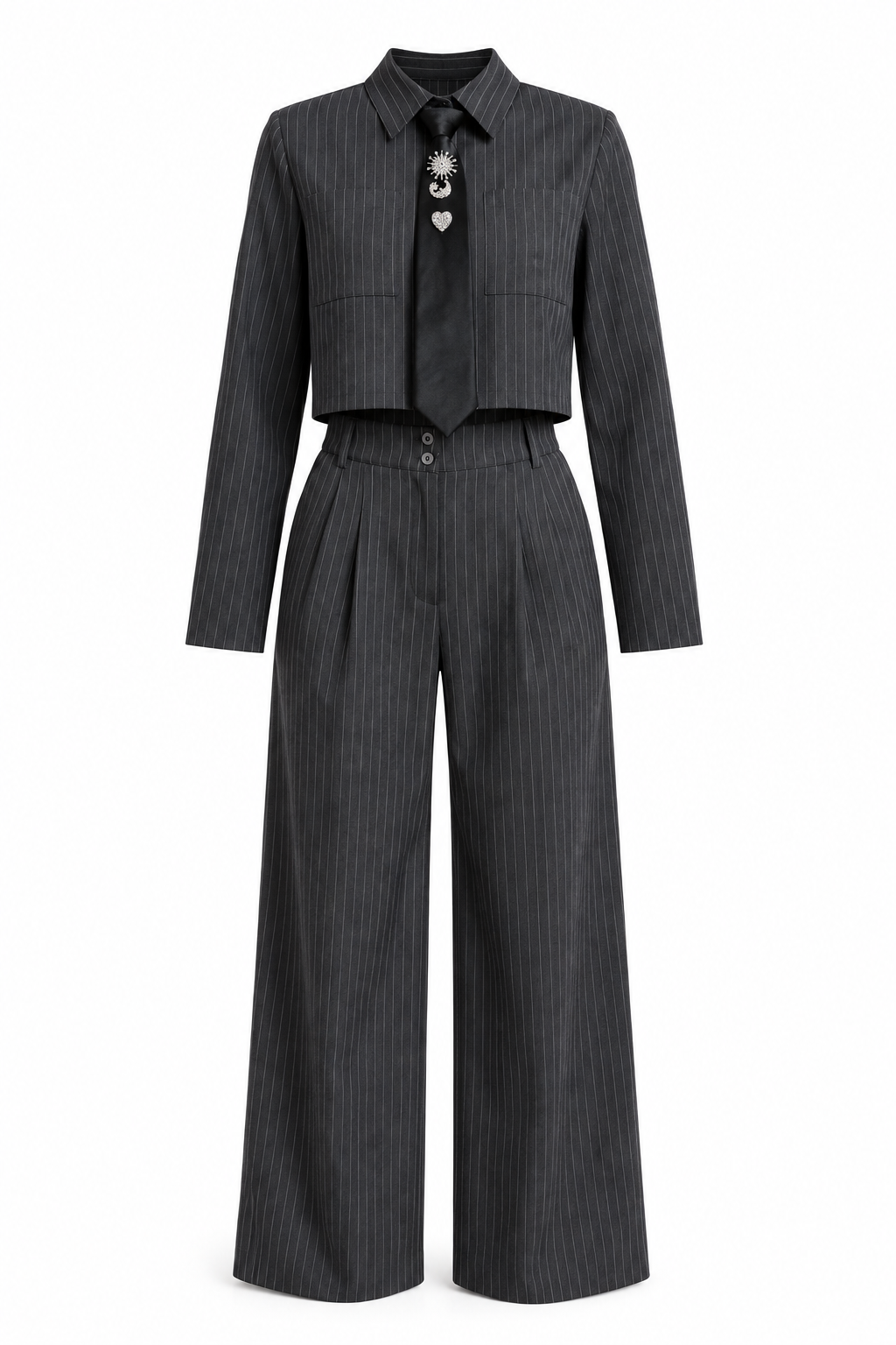Conjunto Hessed Couture de rayas con corbata — Gris