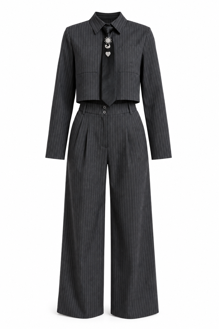 Conjunto Hessed Couture de rayas con corbata — Gris
