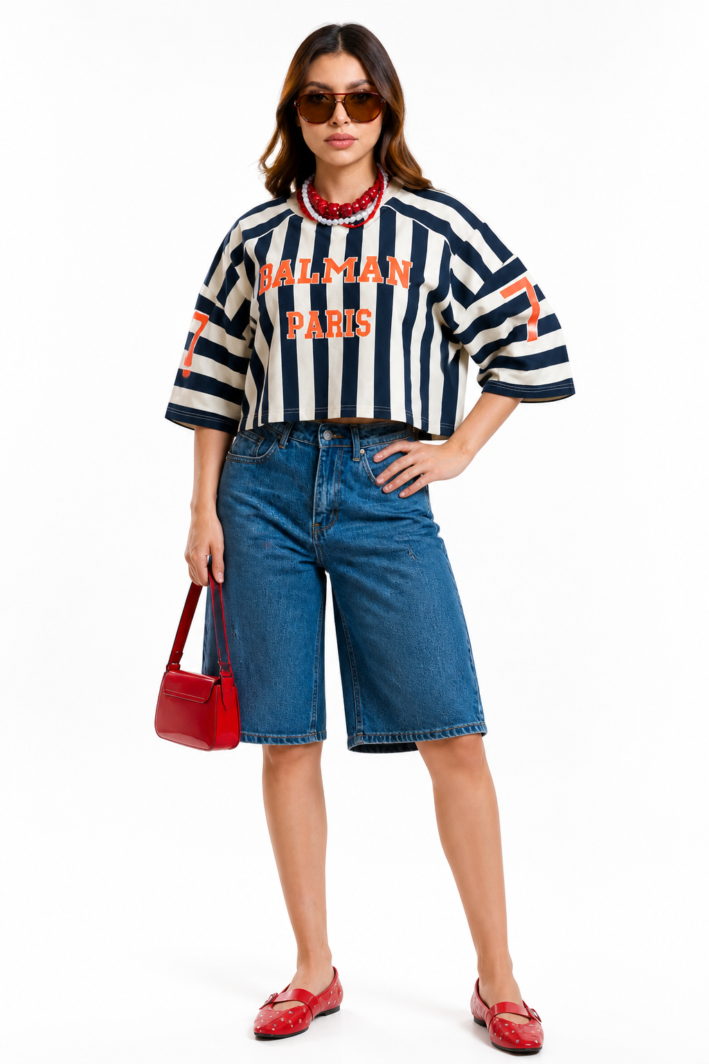Playera Hessed Couture crop oversize de rayas verticales — Marino