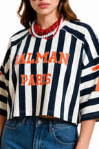 Playera Hessed Couture crop oversize de rayas verticales — Marino