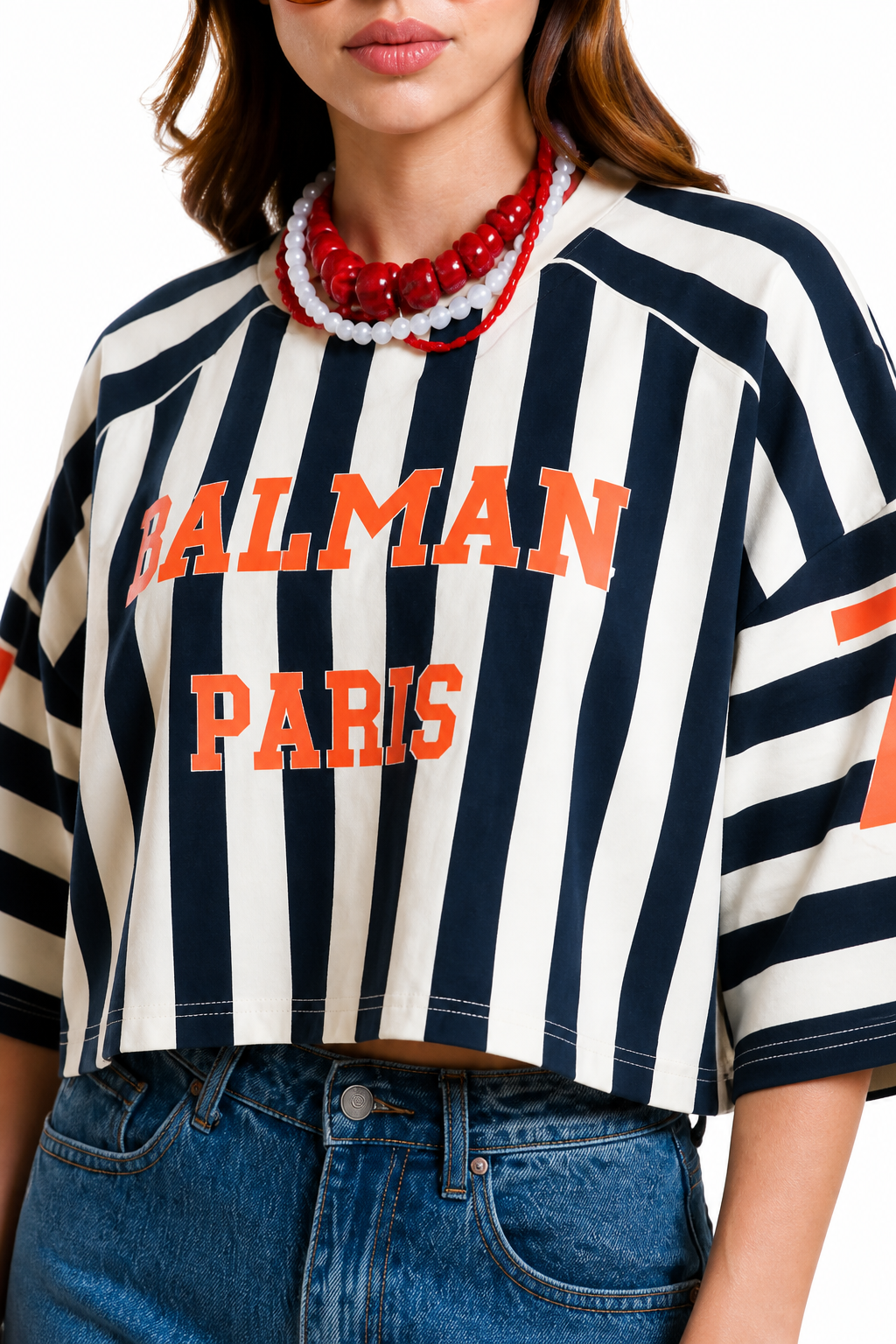 Playera Hessed Couture crop oversize de rayas verticales — Marino