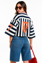 Playera Hessed Couture crop oversize de rayas verticales — Marino