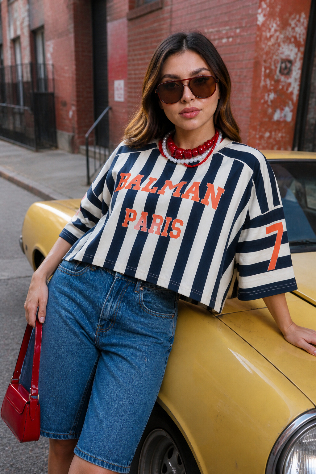 Playera Hessed Couture crop oversize de rayas verticales — Marino