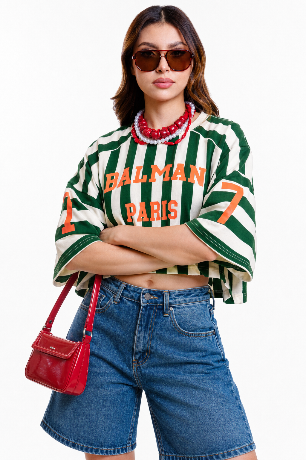 Playera Hessed Couture crop oversize de rayas verticales — Verde