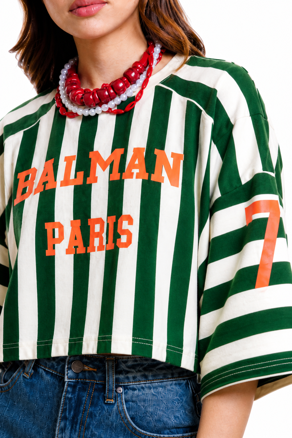 Playera Hessed Couture crop oversize de rayas verticales — Verde
