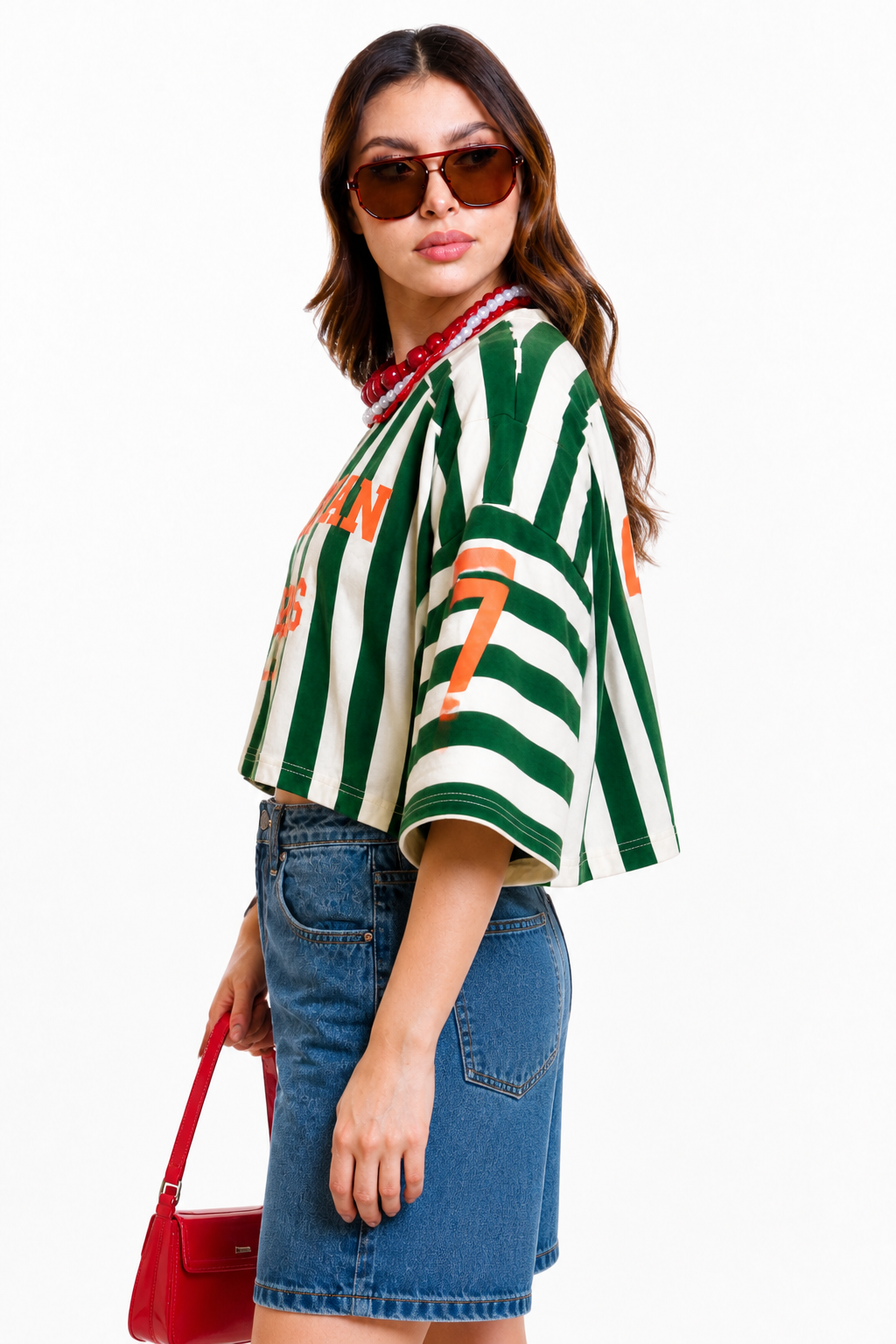 Playera Hessed Couture crop oversize de rayas verticales — Verde