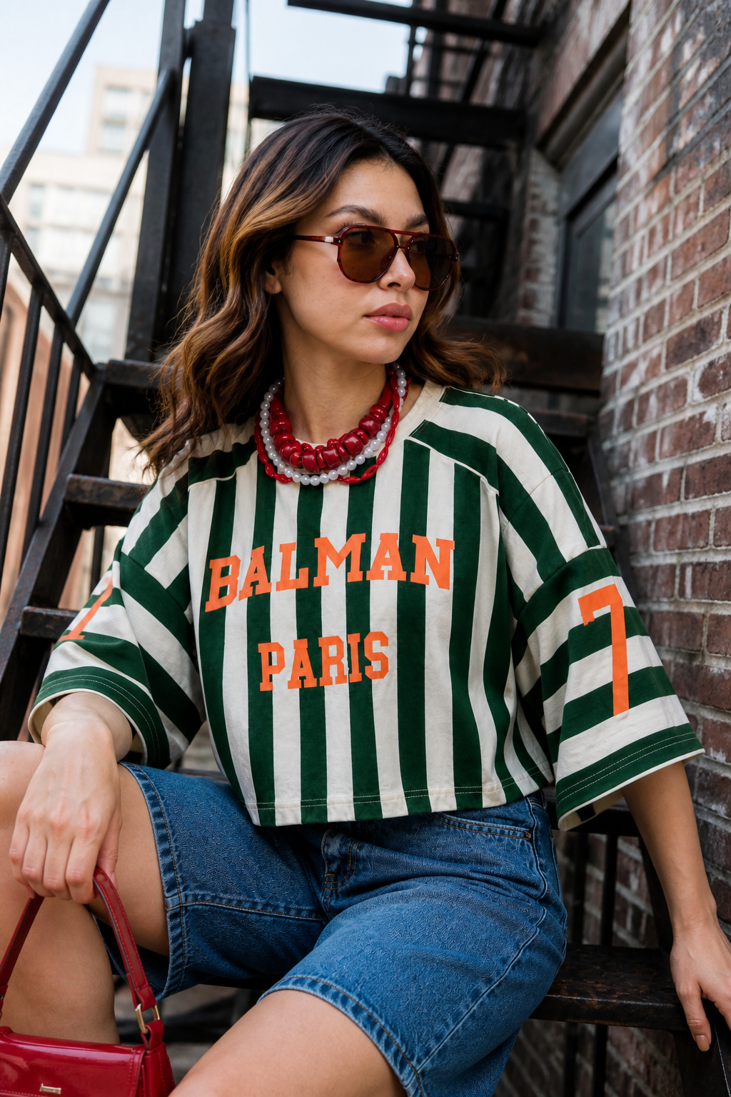 Playera Hessed Couture crop oversize de rayas verticales — Verde