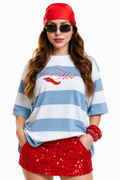 Playera Hessed Couture oversize de rayas con chile bordado — Azul claro