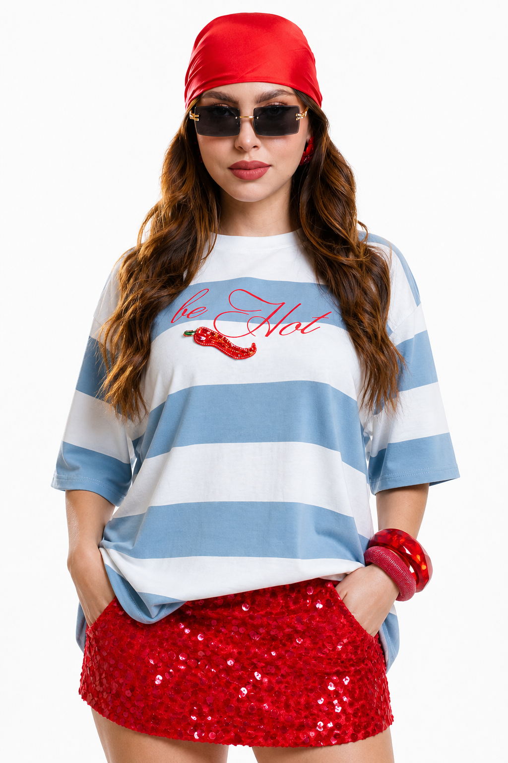 Playera Hessed Couture oversize de rayas con chile bordado — Azul claro