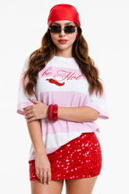 Playera Hessed Couture oversize de rayas con chile bordado — Rosa