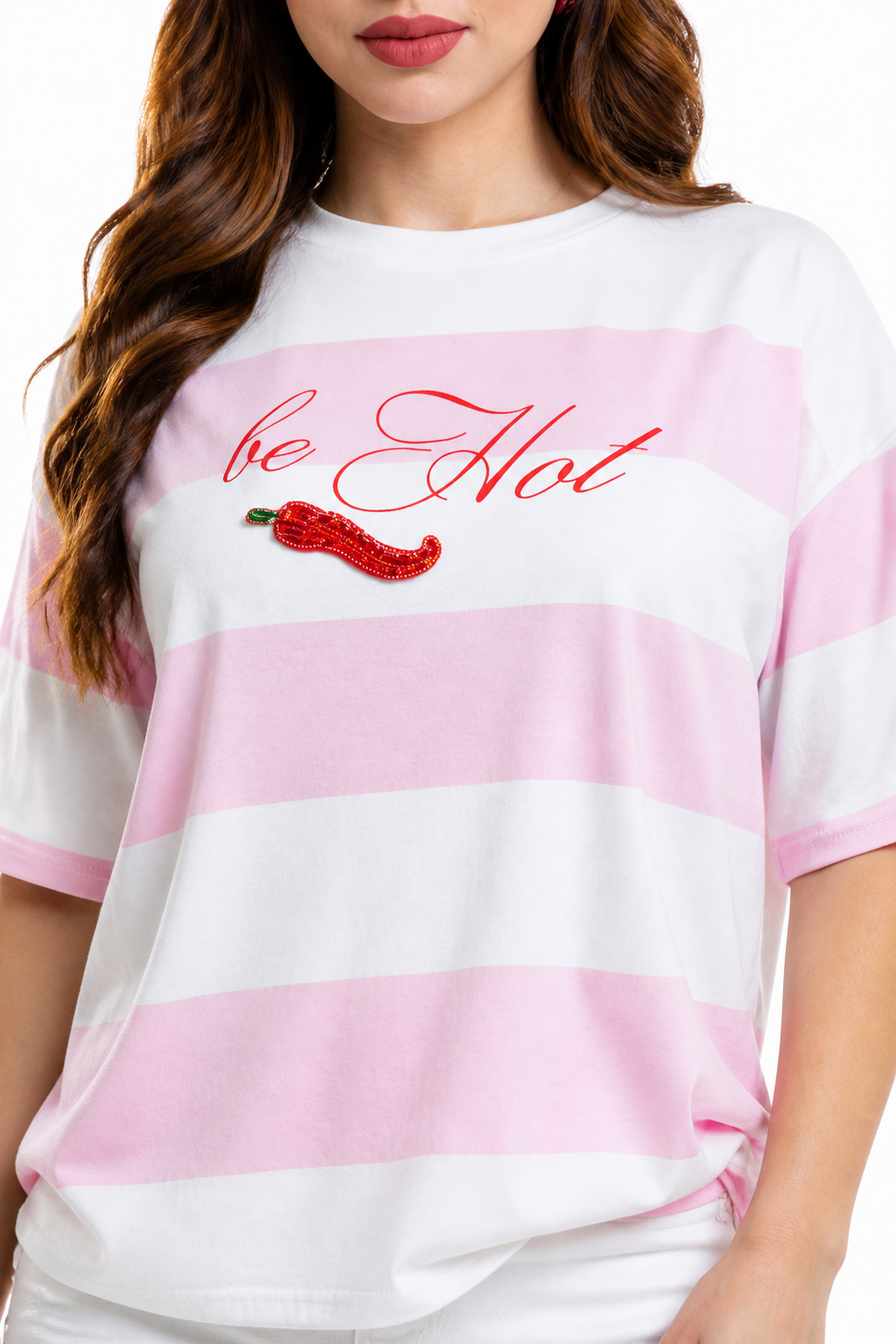 Playera Hessed Couture oversize de rayas con chile bordado — Rosa