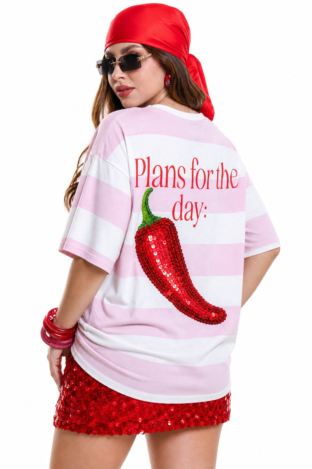 Playera Hessed Couture oversize de rayas con chile bordado — Rosa