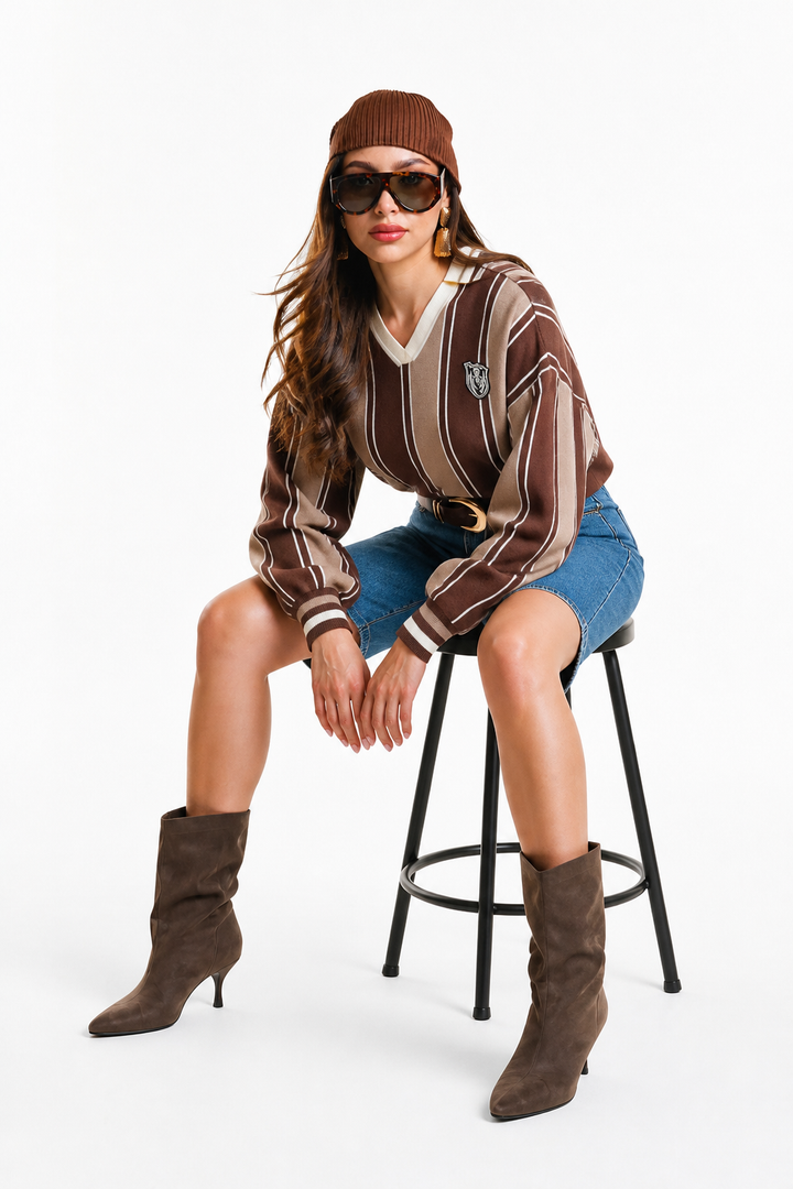 Suéter Hessed Couture de cuello V con rayas y escudo bordado — Café