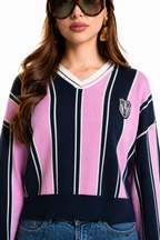 Suéter Hessed Couture de cuello V con rayas y escudo bordado — Rosa
