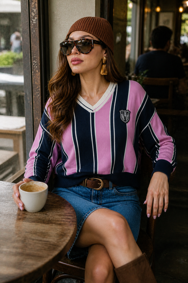 Suéter Hessed Couture de cuello V con rayas y escudo bordado — Rosa