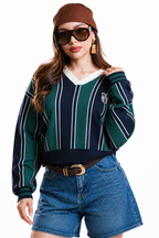 Suéter Hessed Couture de cuello V con rayas y escudo bordado — Verde