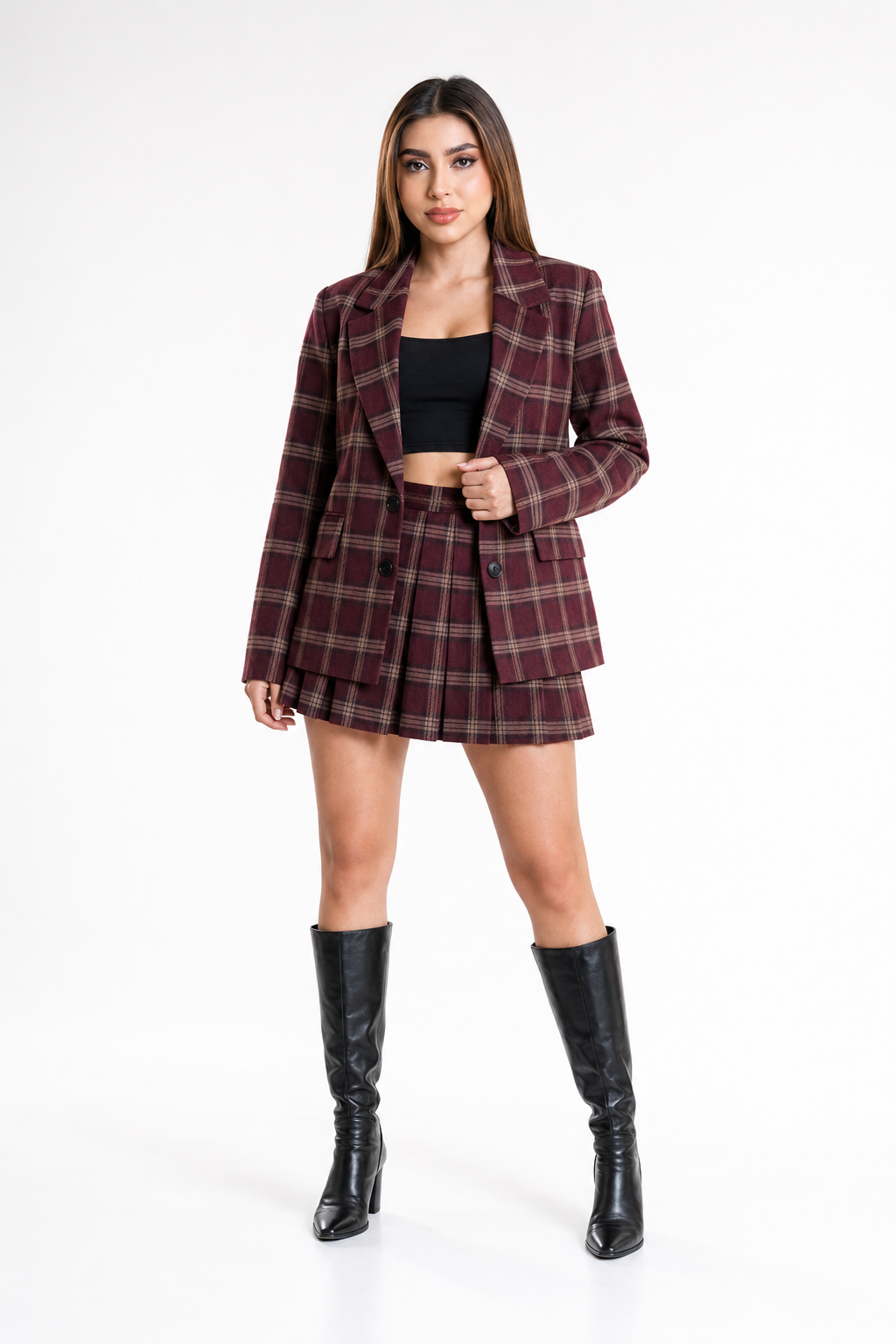 Conjunto Hessed Couture a cuadros (saco y falda) — Vino