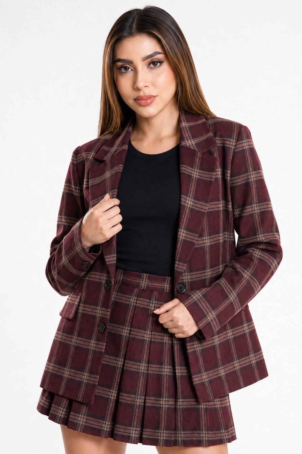 Conjunto Hessed Couture a cuadros (saco y falda) — Vino